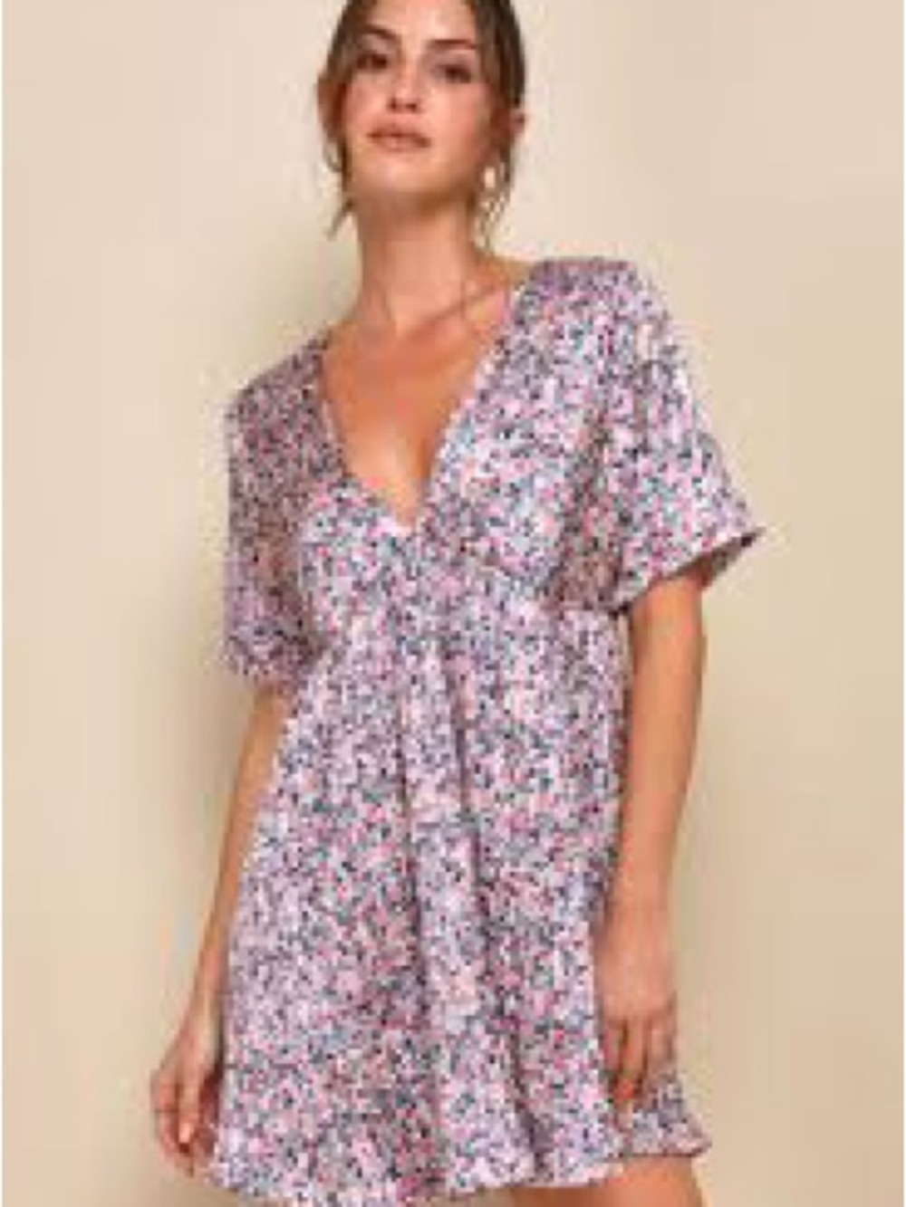 Lulu's Lavender Pink Floral V-Neck Mini Dress medium